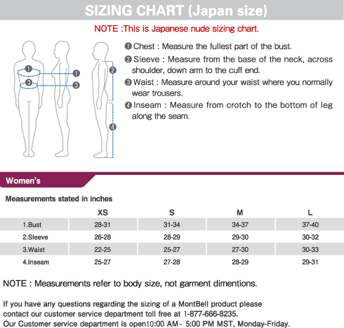 montbell sizechart